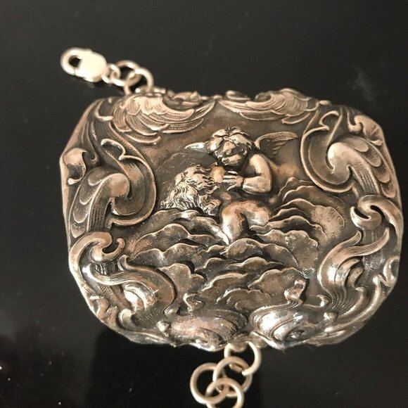 Kissing Cherub Wide Sterling Silver Cuff Bracelet Unger Brothers Angel Putti - Picture 3 of 13